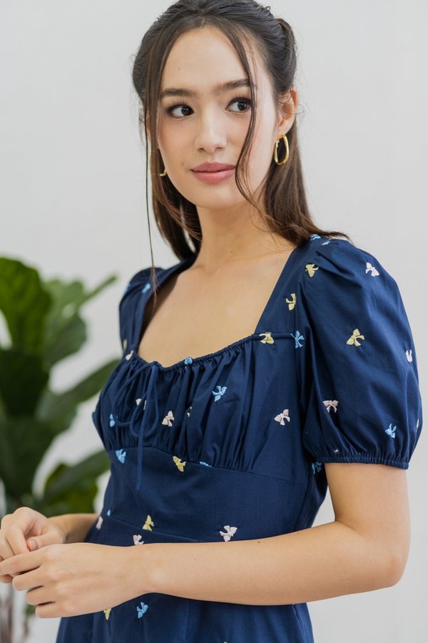 Bernice Ribbon Embroidery Empire Dress in Navy (XS)