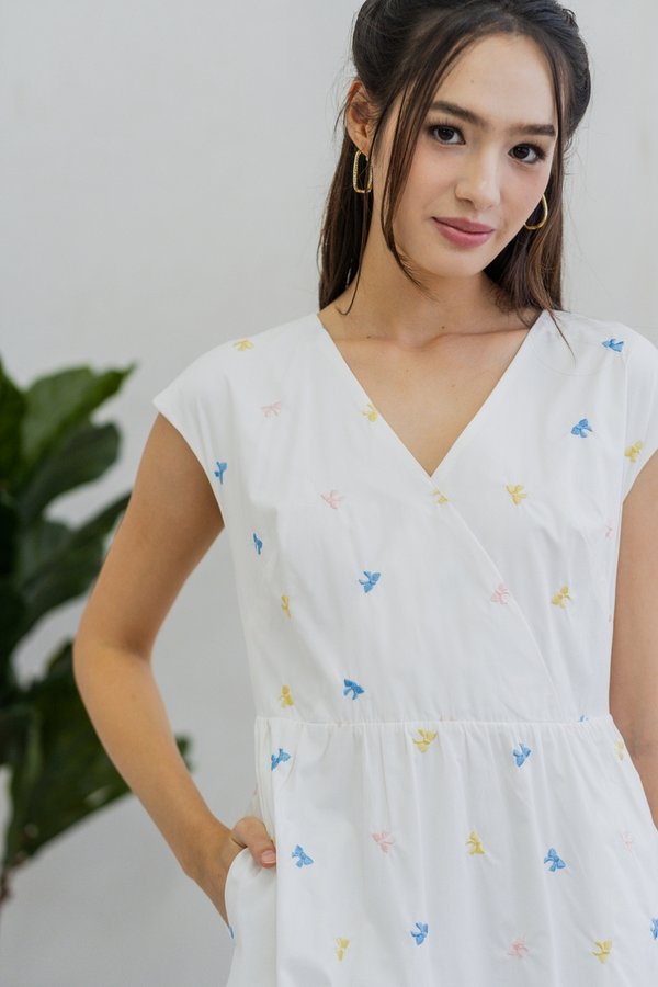 Bernice Ribbon Embroidery Overlap Midi Dress in White (XS)