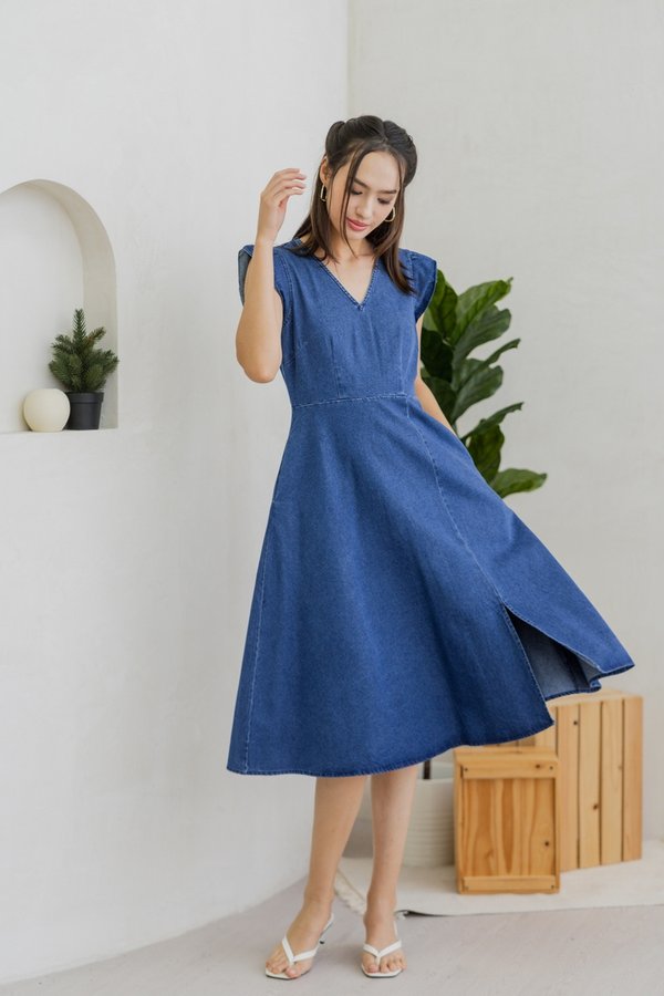 Naomi V Neck Denim Midi Dress (XS)