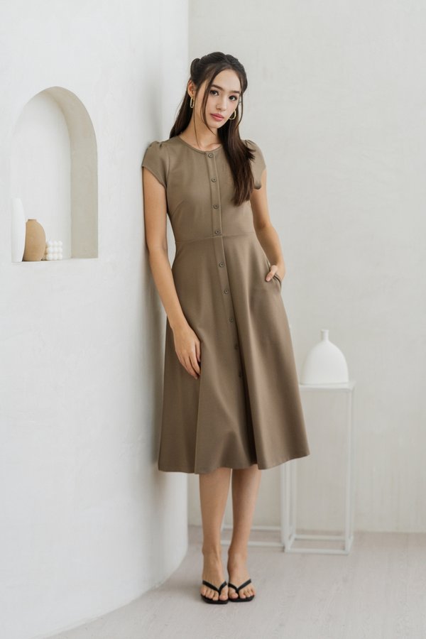 Destiny Button Down Cotton Midi Dress in Khaki (XS)