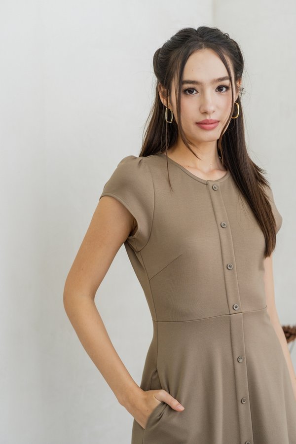 Destiny Button Down Cotton Midi Dress in Khaki (XS)