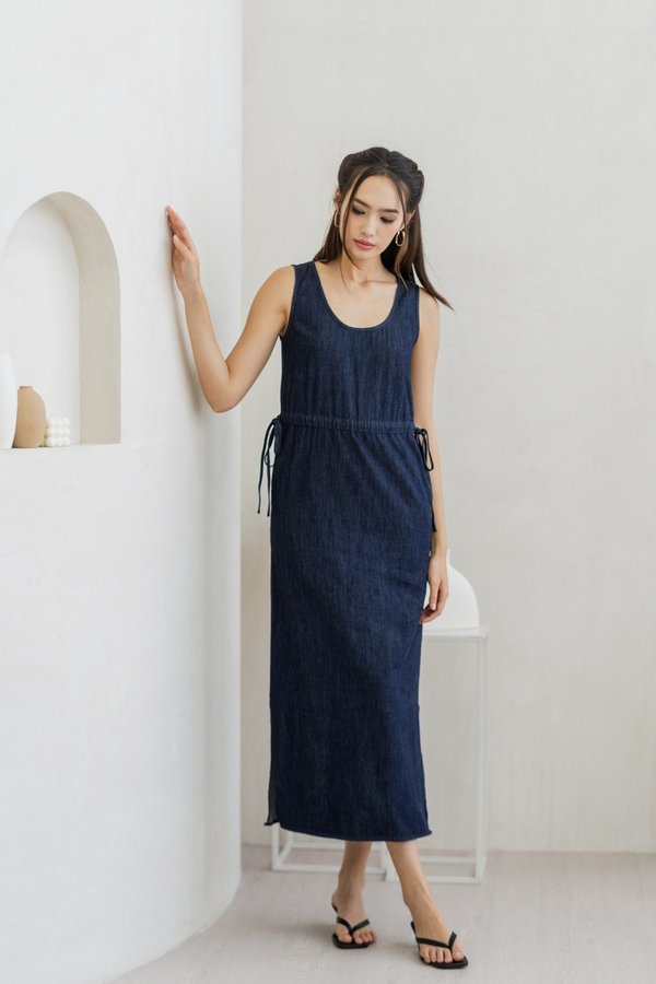 Anne Drawstring Denim Maxi Dress