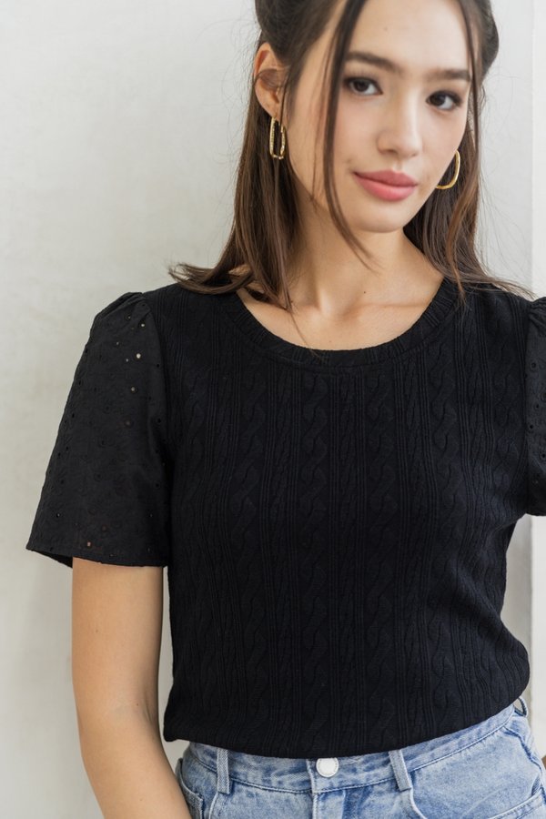 Jillian Knit Eyelet Top in Black (XS)