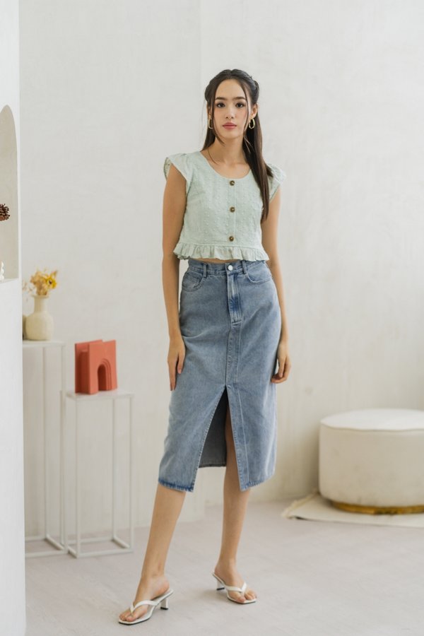 Azzy Eyelet Button Top in Sage