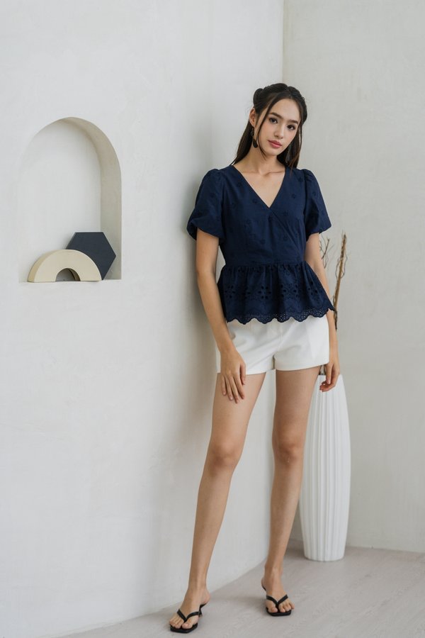 Elly Overlap Eyelet Top in Navy (XS)