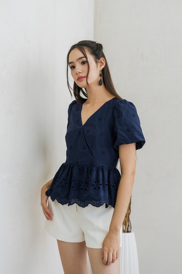 Elly Overlap Eyelet Top in Navy (XS)