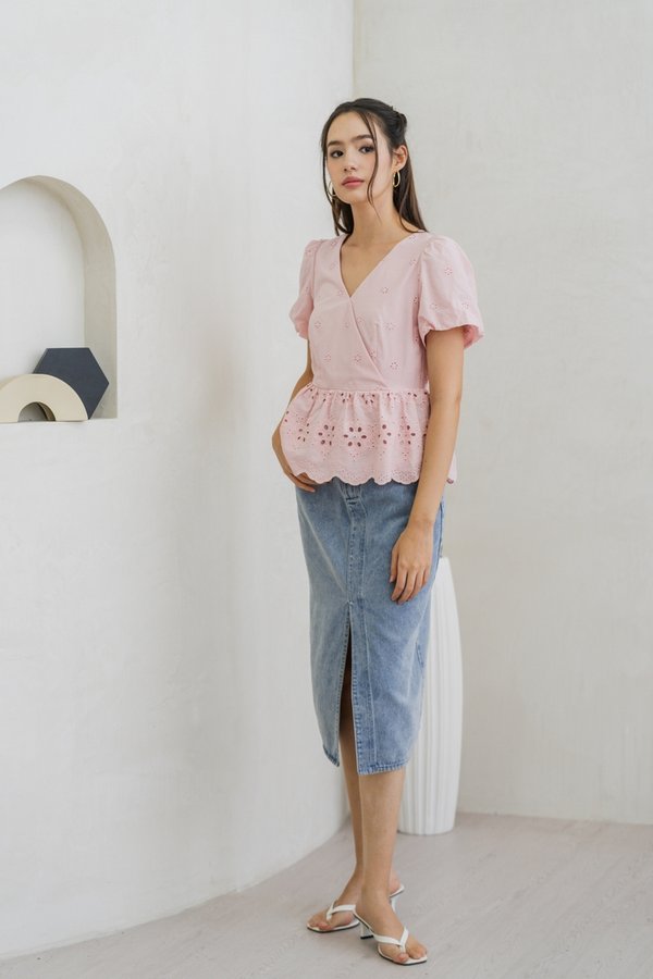 Elly Overlap Eyelet Top in Pink (XS)
