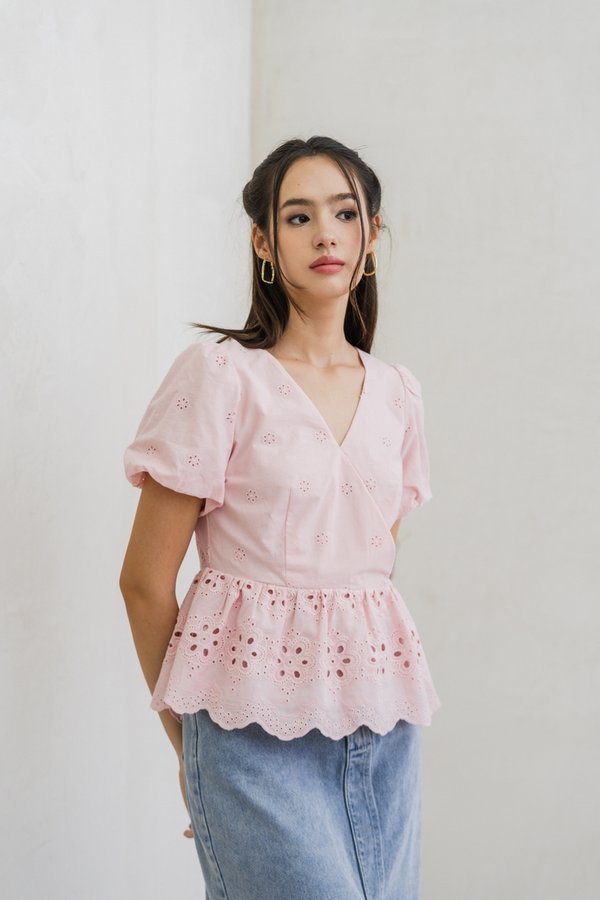 Elly Overlap Eyelet Top in Pink (XS)