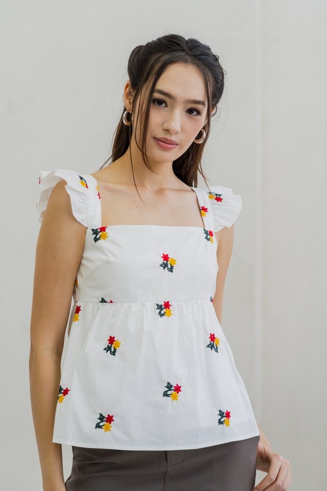 Layana Ruffle Embroidery Top in White