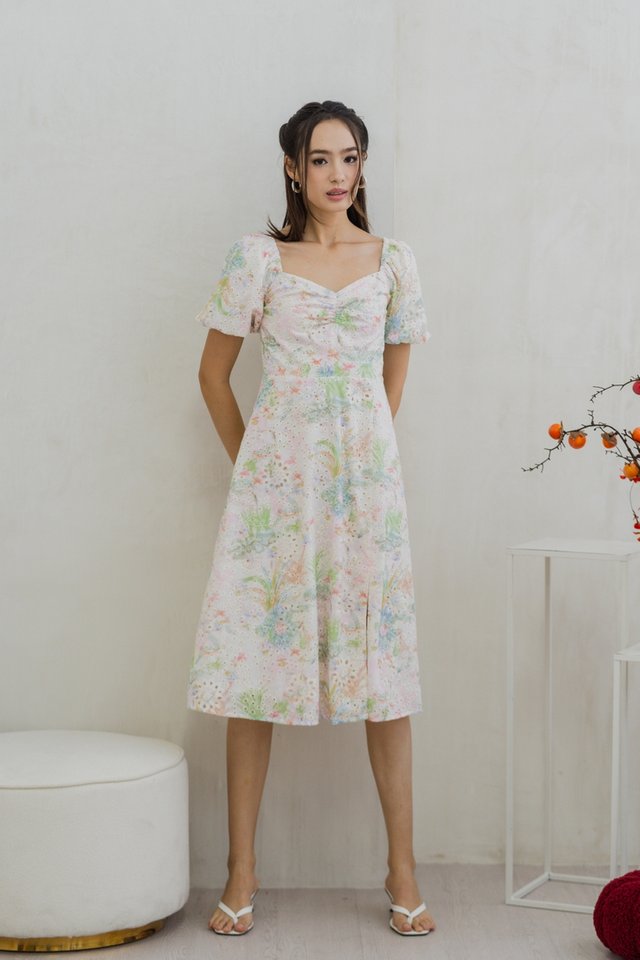 Jessamine Sweetheart Midi Sleeve Dress in Pastel