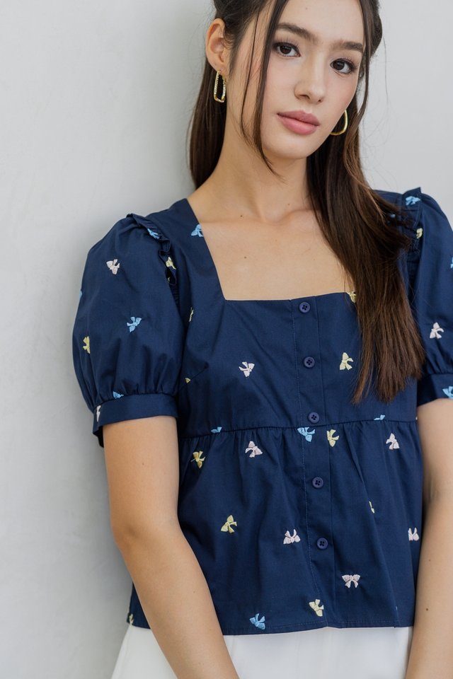 Bernice Ribbon Embroidery Button Top in Navy