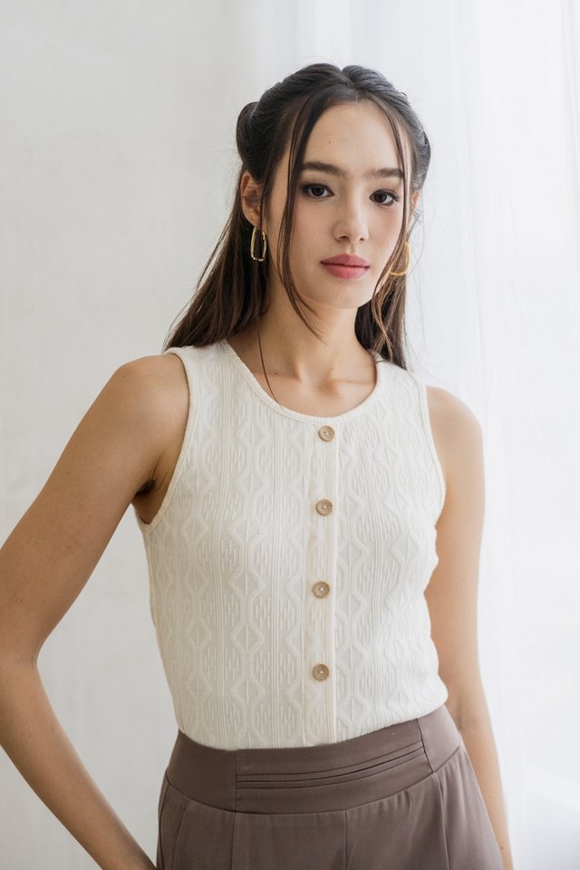Suzy Button Knit Top in White