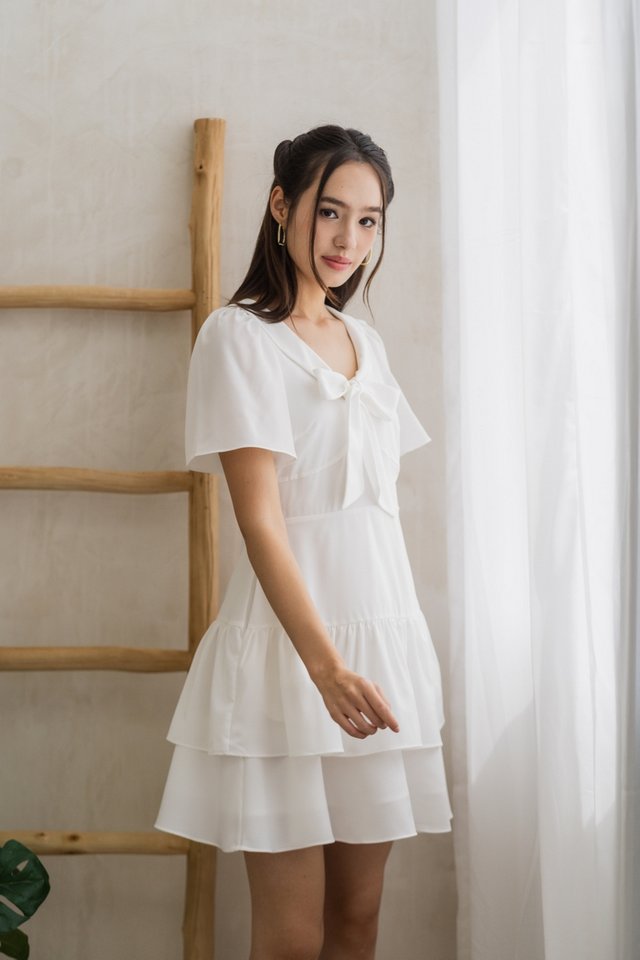 Darlene Ribbon Tiered Dress in White