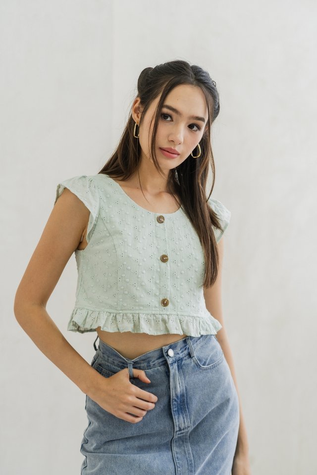 Azzy Eyelet Button Top in Sage