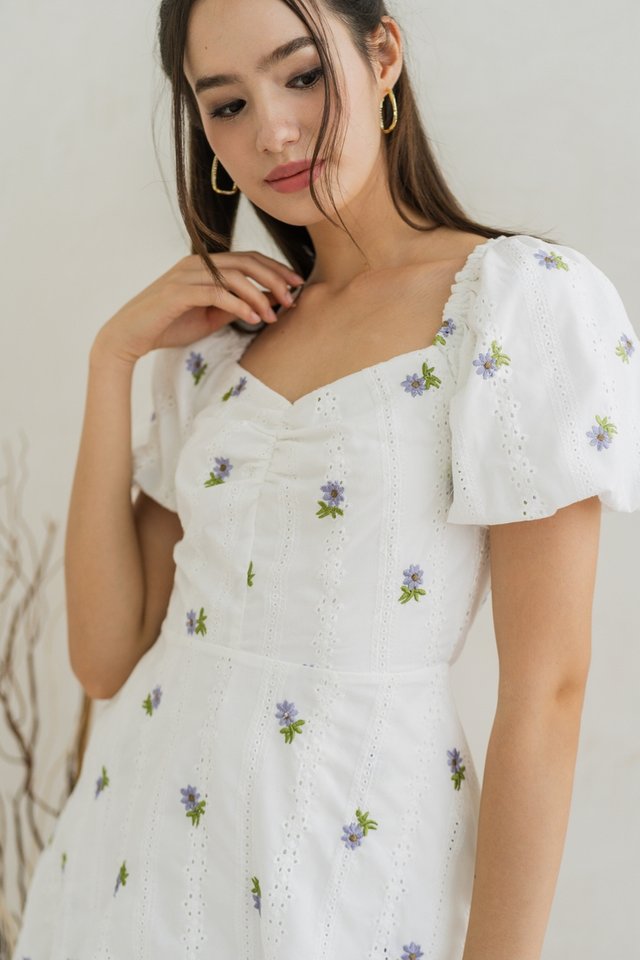 Donna Floral Embroidery Eyelet Dress Romper in White
