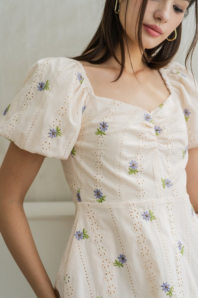 Donna Floral Embroidery Eyelet Dress Romper in Cream