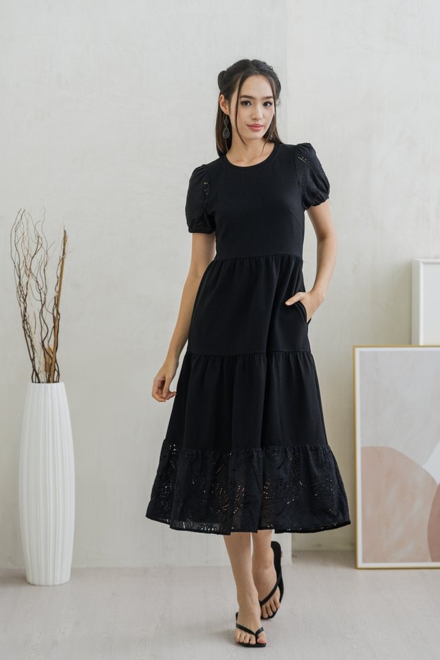 Jenna Cotton Tiered Midi Dress in Black