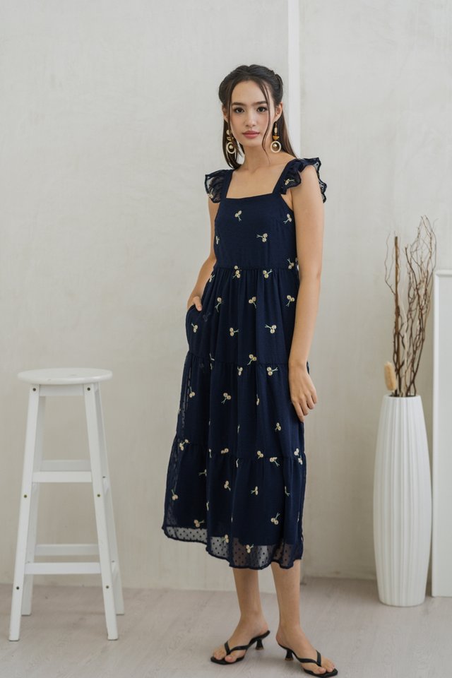 Trina Floral Embroidered Tiered Midi Dress in Navy
