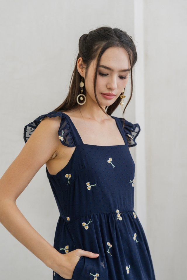 Trina Floral Embroidered Tiered Midi Dress in Navy