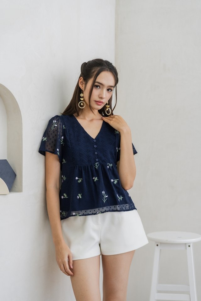 *BACKORDER* Gina Swiss Dots Button Top in Navy