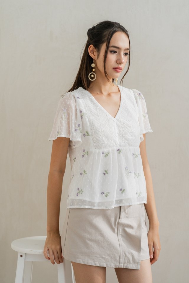 Gina Swiss Dots Button Top in White