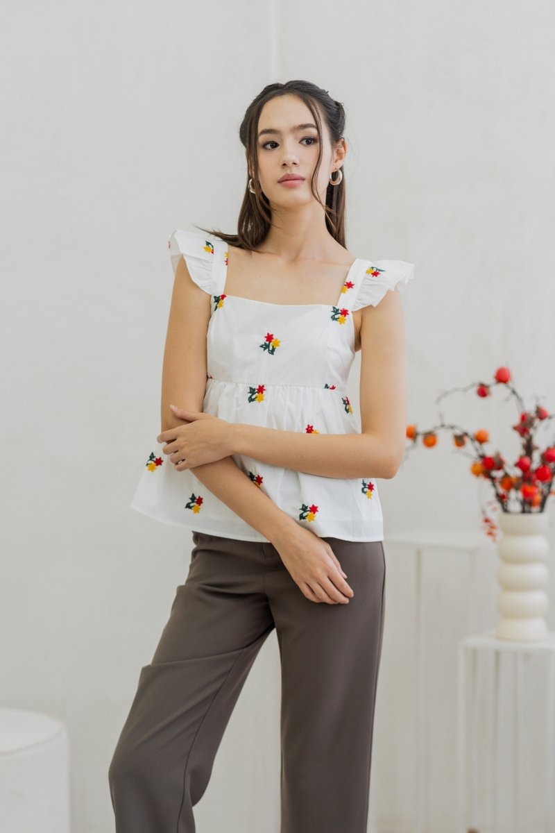 Layana Ruffle Embroidery Top in White (XS)