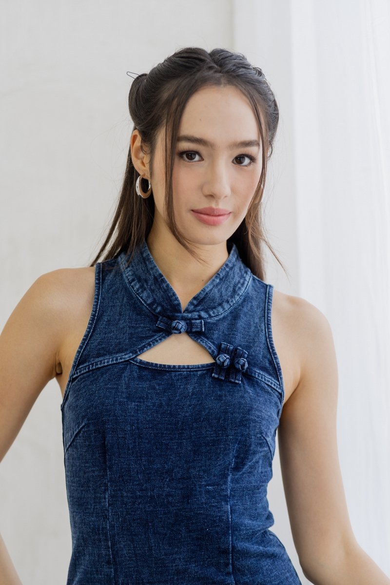 Ivana Cheongsam Denim Midi Dress