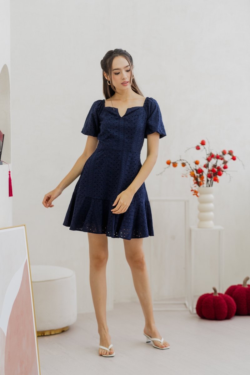 Nani Eyelet Dropwaist Dress in Navy (XS)
