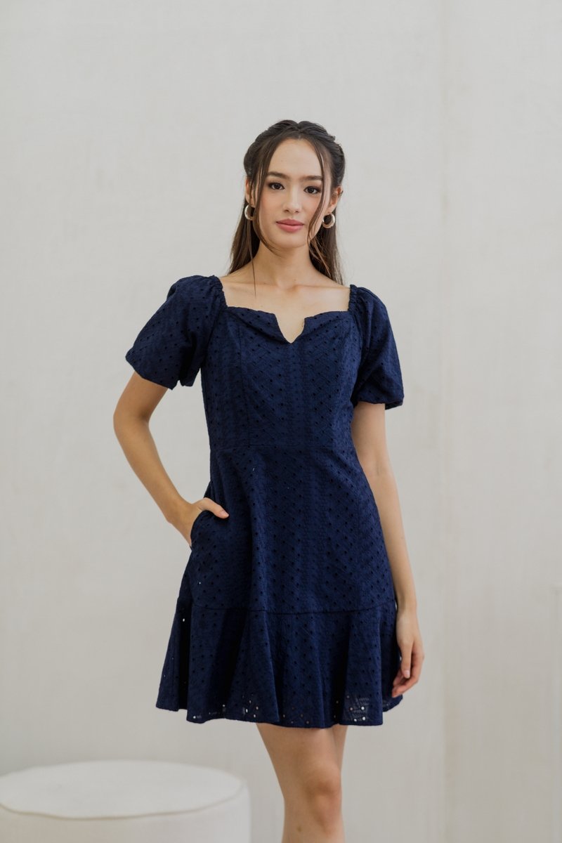 Nani Eyelet Dropwaist Dress in Navy (XS)