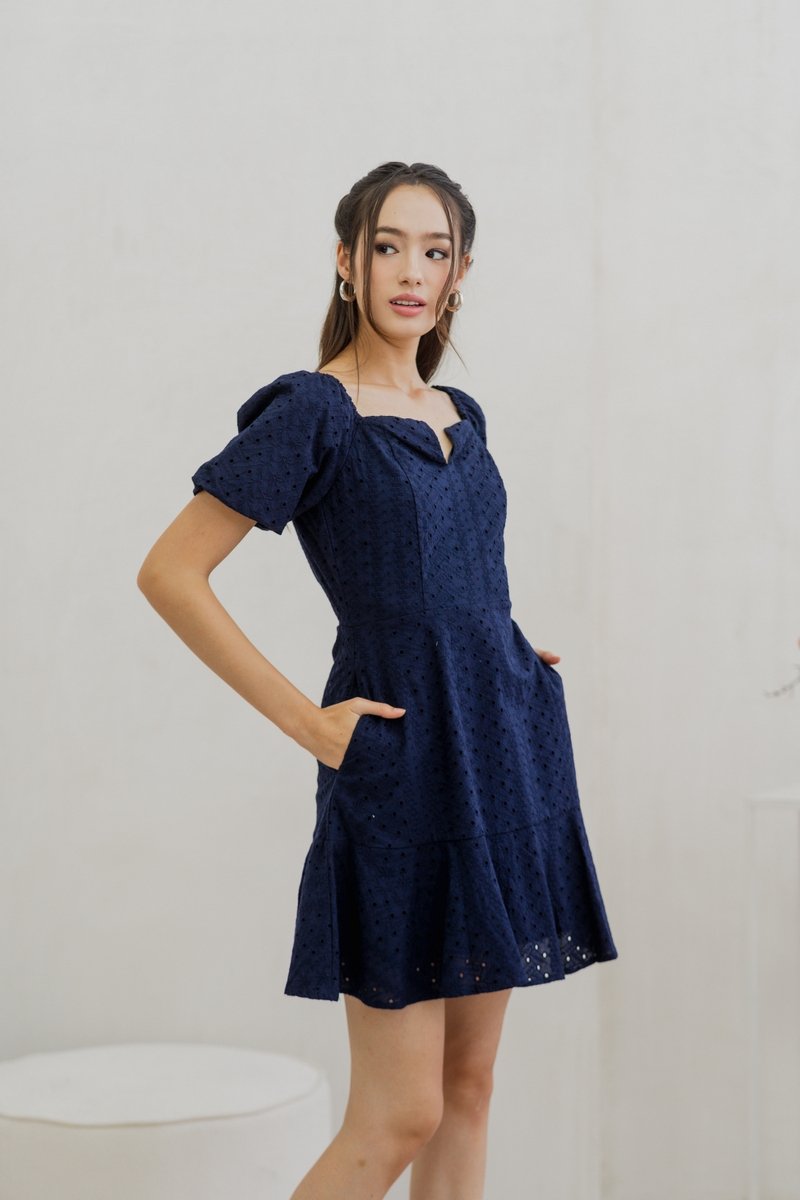 Nani Eyelet Dropwaist Dress in Navy (XS)
