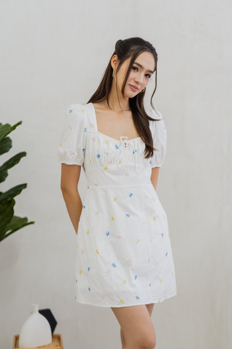 Bernice Ribbon Embroidery Empire Dress in White