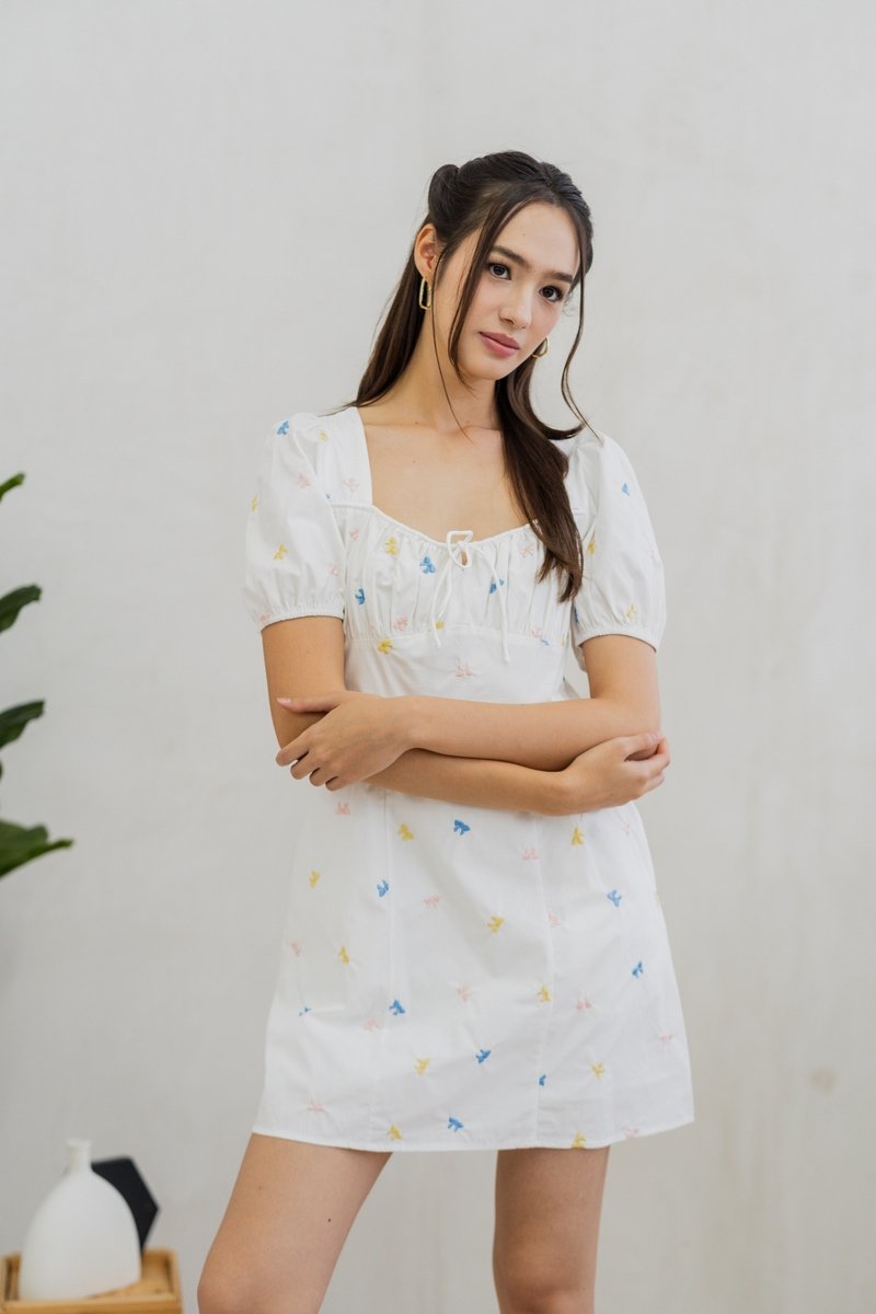 Bernice Ribbon Embroidery Empire Dress in White