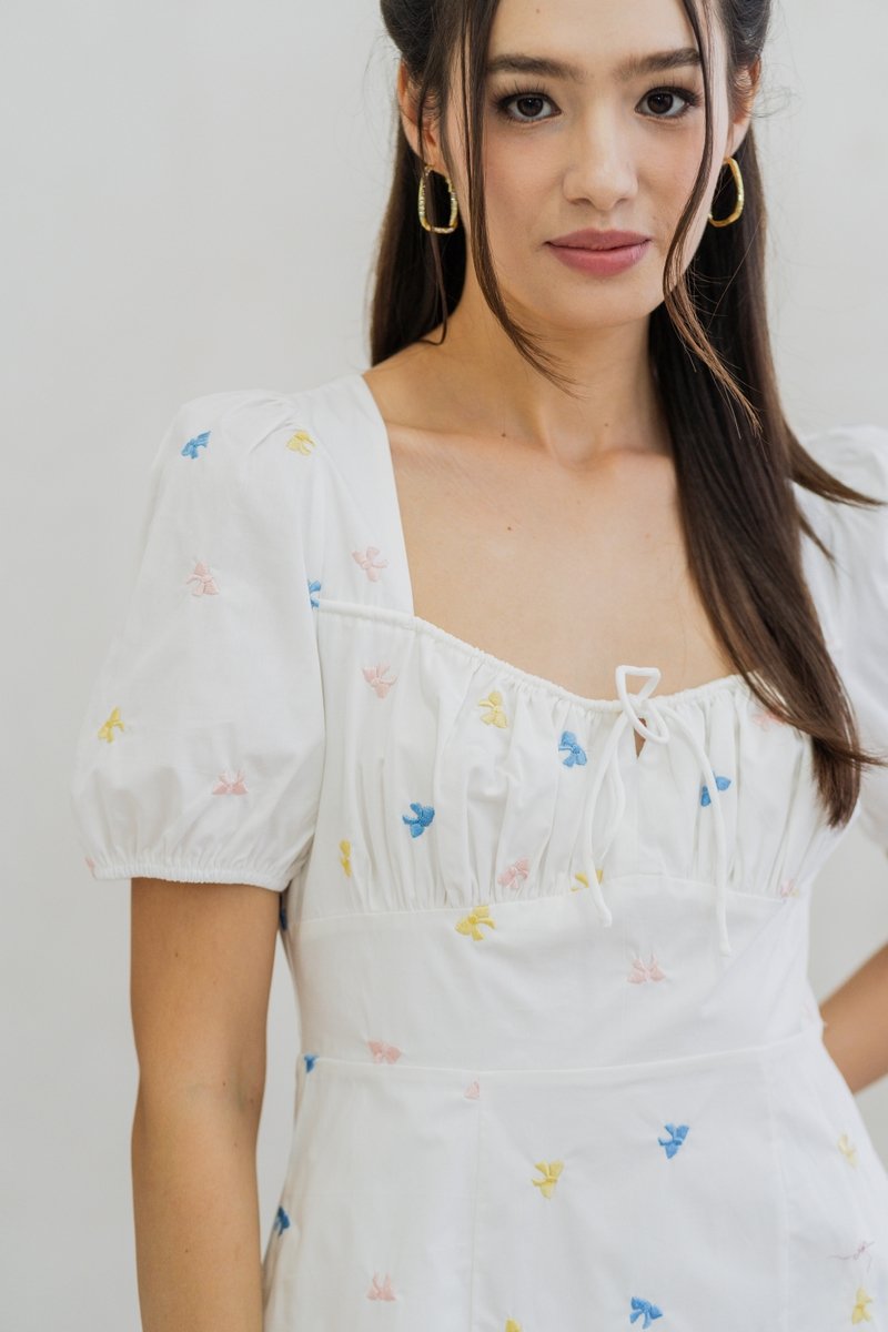 Bernice Ribbon Embroidery Empire Dress in White