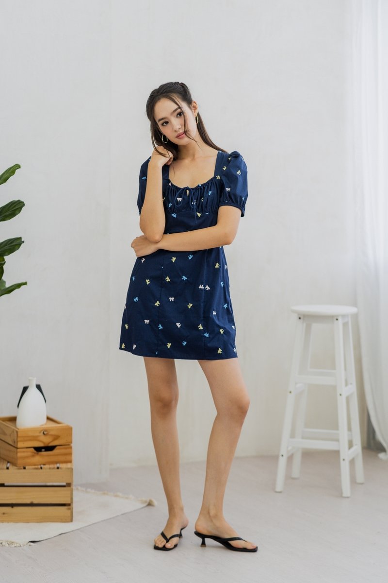 Bernice Ribbon Embroidery Empire Dress in Navy (XS)