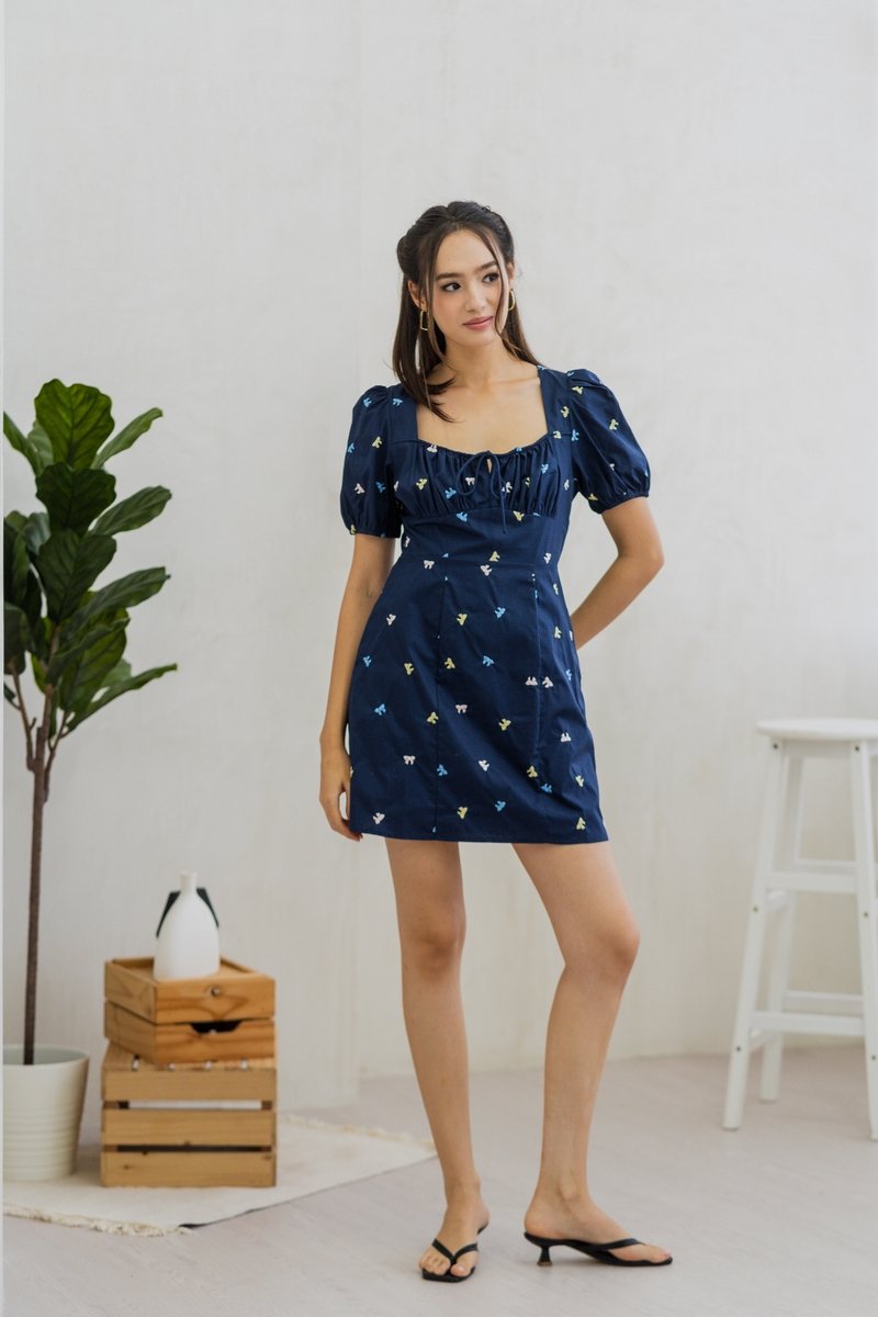 Bernice Ribbon Embroidery Empire Dress in Navy (XS)