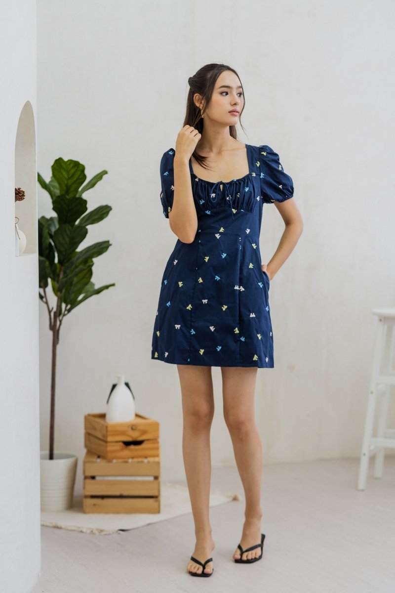 Bernice Ribbon Embroidery Empire Dress in Navy (XS)
