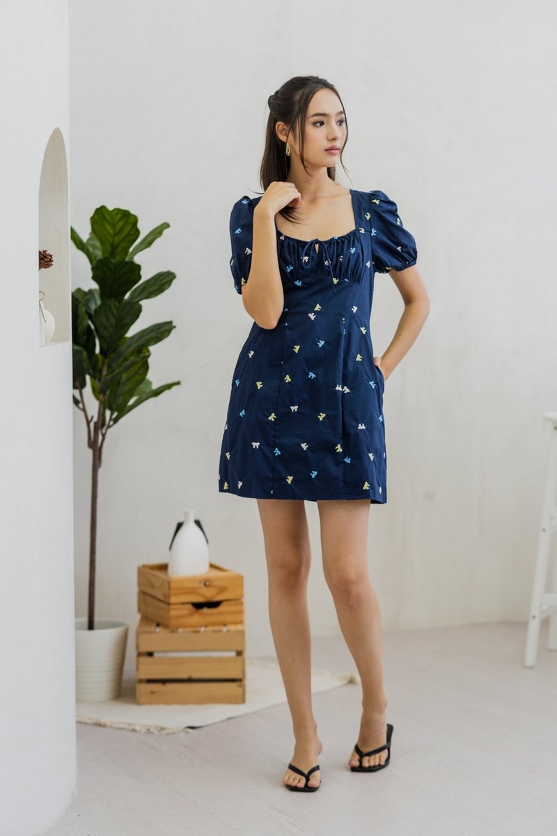 Bernice Ribbon Embroidery Empire Dress in Navy (XS)