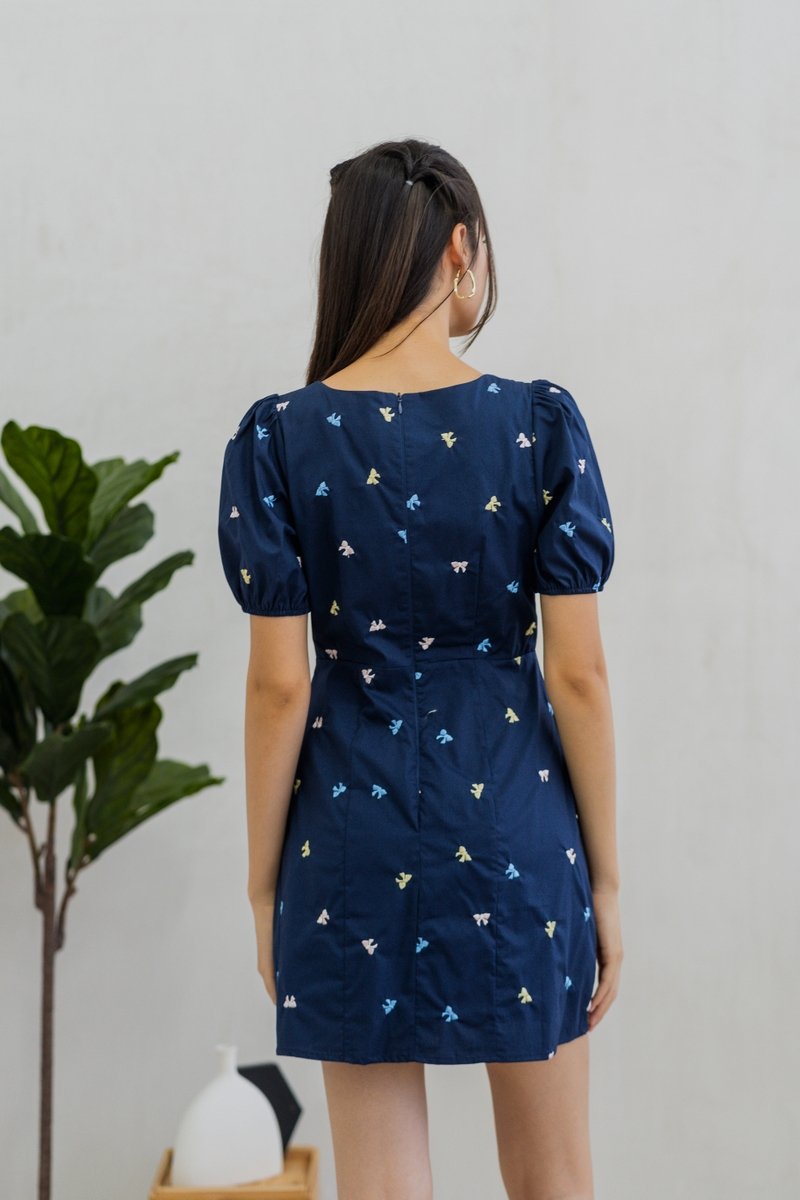 Bernice Ribbon Embroidery Empire Dress in Navy (XS)