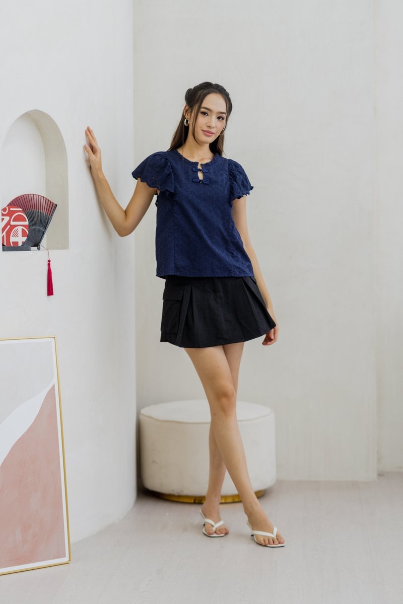 Brianna Cheongsam Eyelet Top in Navy (XS)