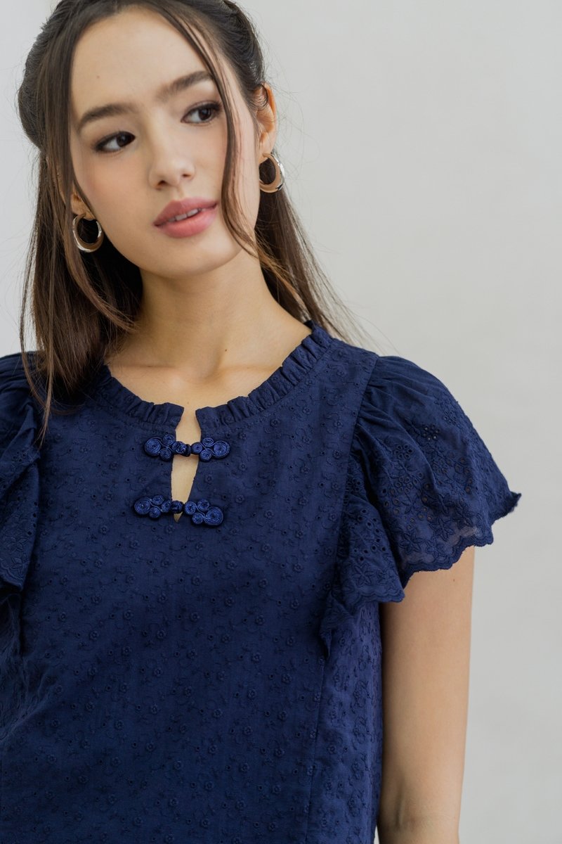 Brianna Cheongsam Eyelet Top in Navy (XS)