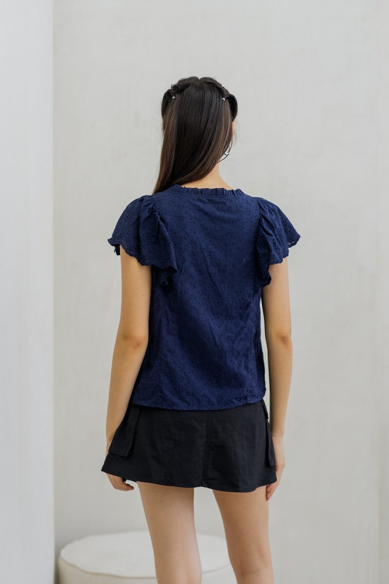 Brianna Cheongsam Eyelet Top in Navy (XS)