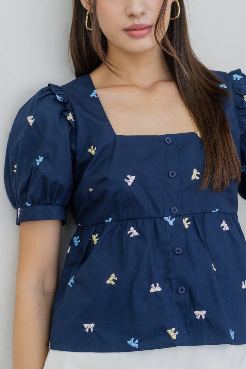 Bernice Ribbon Embroidery Button Top in Navy (XS)
