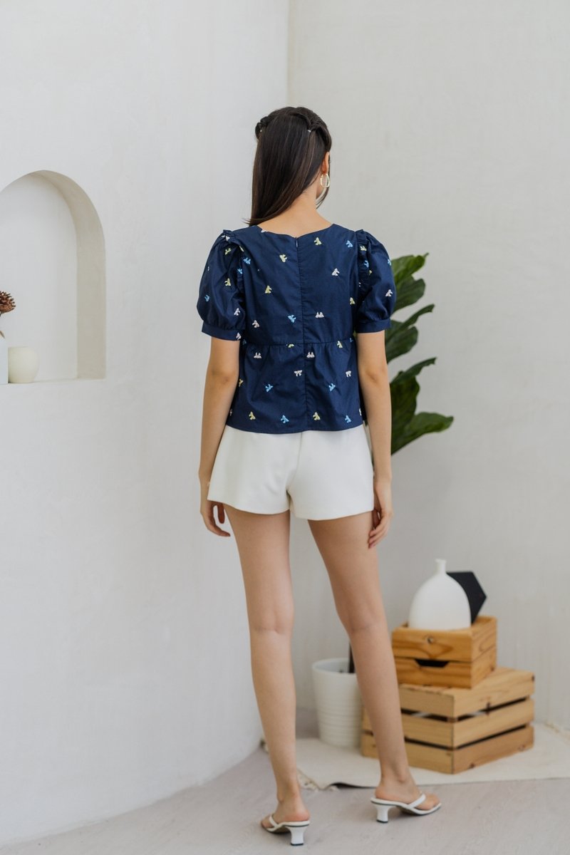 Bernice Ribbon Embroidery Button Top in Navy (XS)