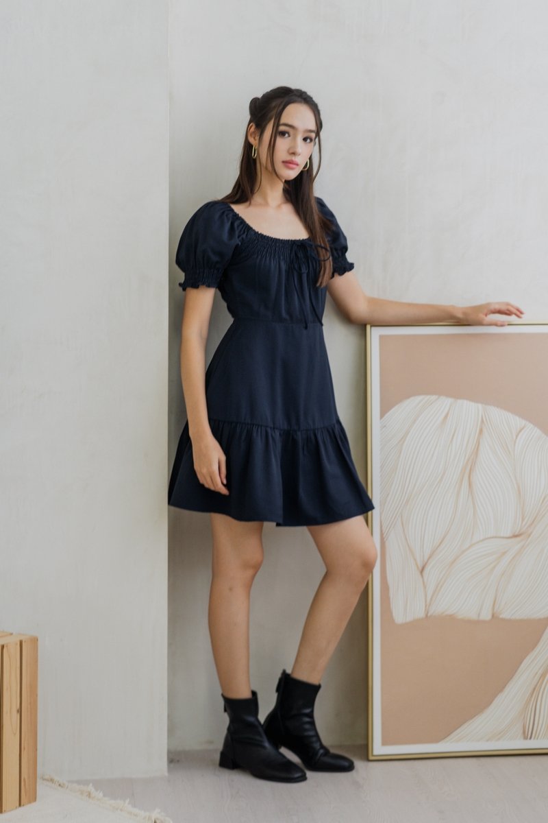 Katherine Smocked Dress in Dark Navy (XS)