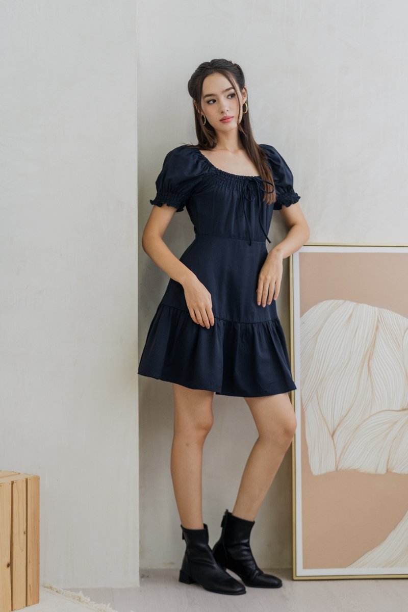 Katherine Smocked Dress in Dark Navy (XS)