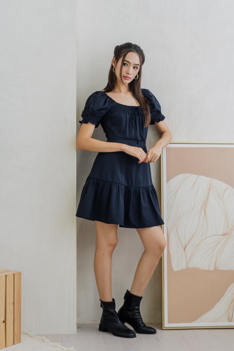 Katherine Smocked Dress in Dark Navy (XS)