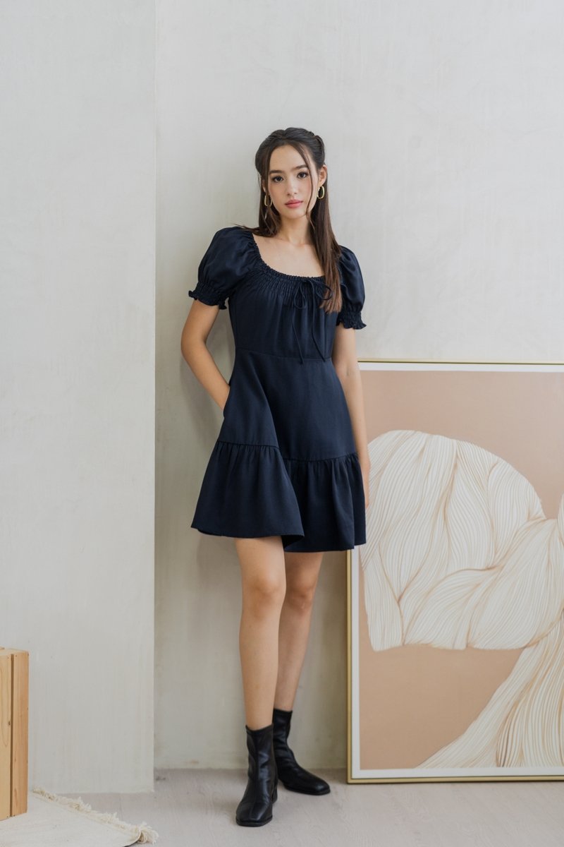 Katherine Smocked Dress in Dark Navy (XS)