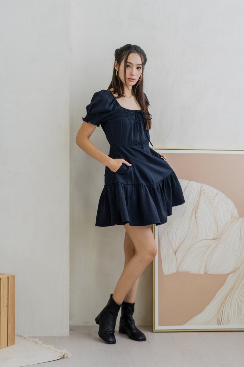 Katherine Smocked Dress in Dark Navy (XS)