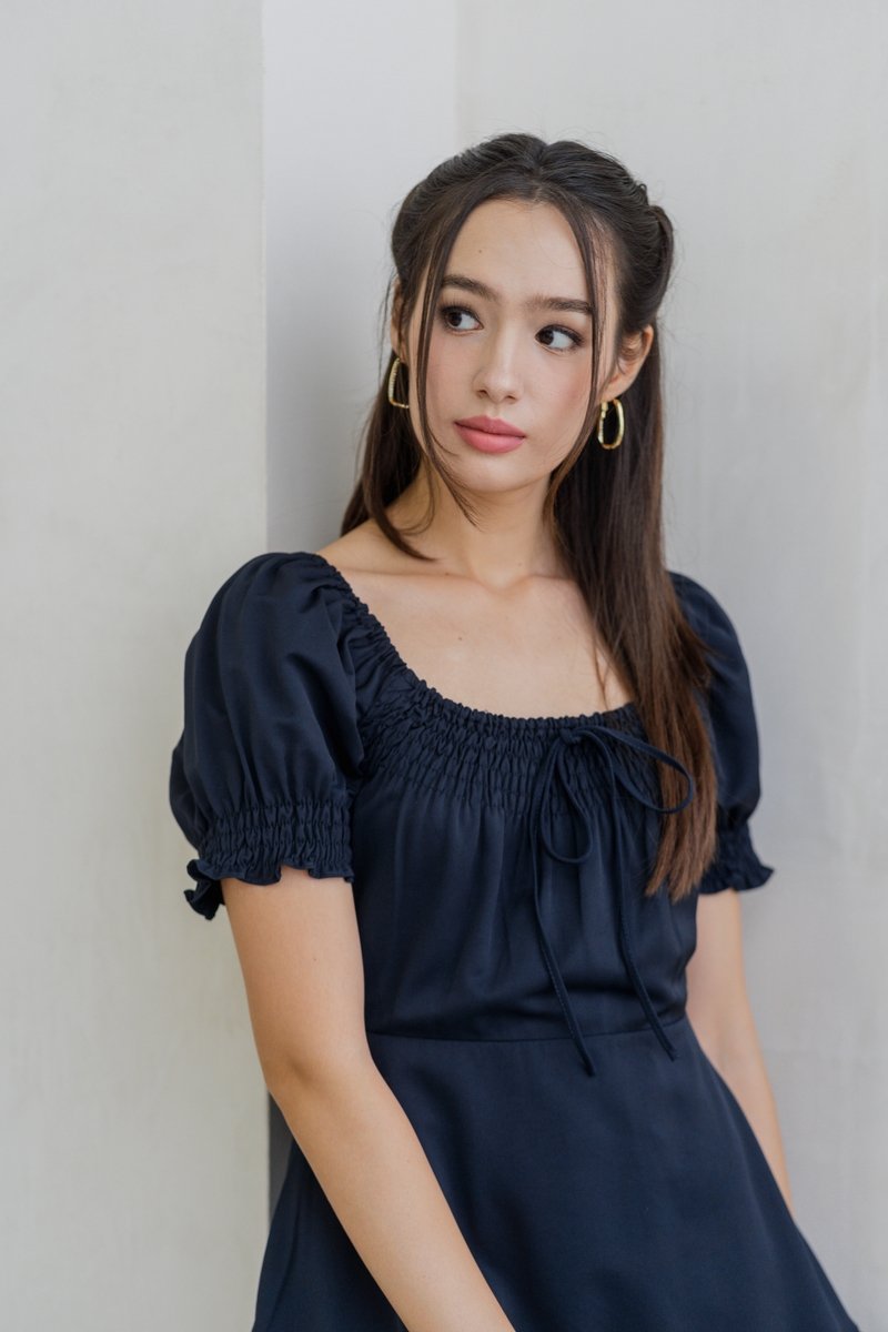 Katherine Smocked Dress in Dark Navy (XS)