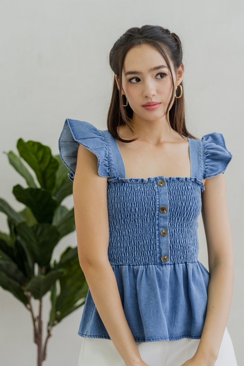 Jessica Ruffle Sleeves Smocked Denim Top